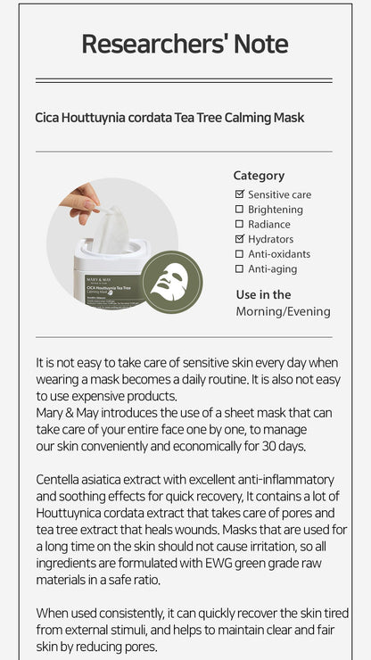 Mary&May Cica Houttuynia cordata Tea Tree Calming Mask Pack - 30 sheets