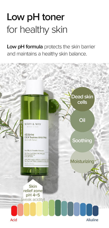 Mary&May Vegan CICA Tea Tree AHA PHA Blemish Toner - 200ml