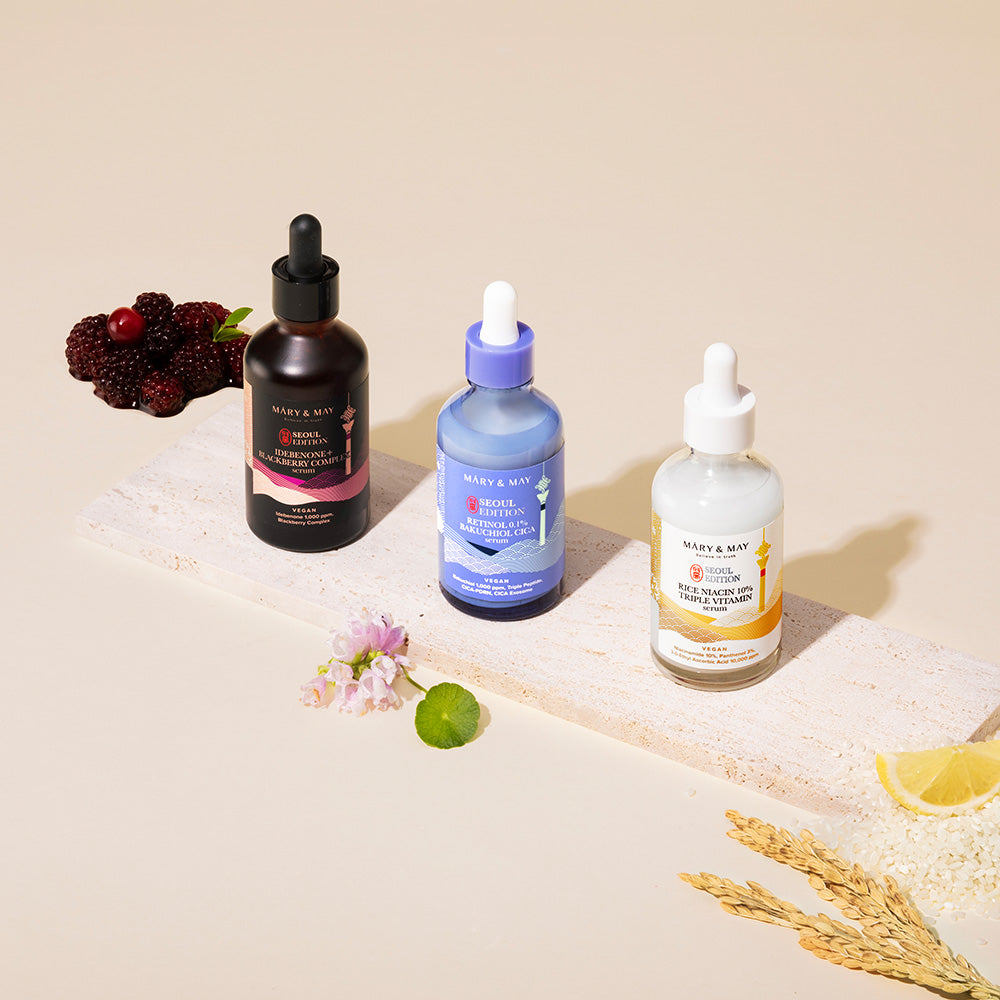 Mary&May Idebenone+Blackberry Complex Serum_80ml+Mary&May Rice niacin 10% Triple Vitamin Serum 80ml+Mary&May Retinol 0.1% Bakuchiol Cica Serum 80ml